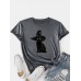 Women Black Cat Pattern Print O  Neck Short Sleeve Casual Thin T  Shirt