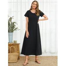 Round Neck Loose Fit Solid Short Sleeve Pocket Midi Dress