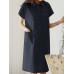 Solid Pocket Button Lapel Short Sleeve Casual Midi Dress