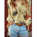 Women Floral Print V  Neck Knitted Casual Long Sleeve Sweaters