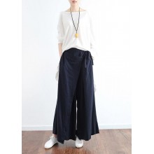 New dark blue ladies loose tie irregular wide leg cotton and linen pants