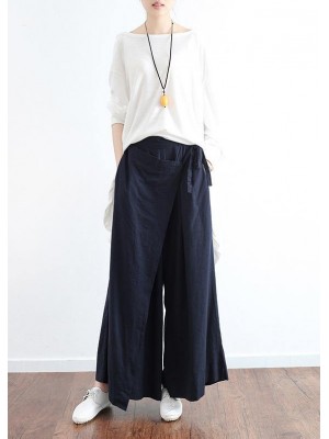 New dark blue ladies loose tie irregular wide leg cotton and linen pants