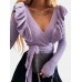 Women V  Neck Ruffle Trim Elegant Knitted Sweaters