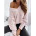 Women V  Neck Solid Color Knitting Hollow Out Casual Sweaters