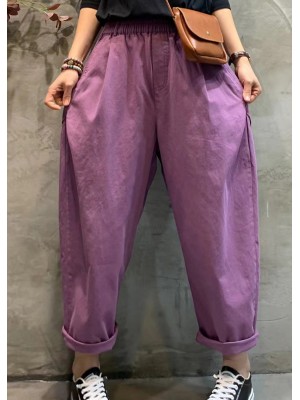 Modern Purple elastic waist Pockets Cotton Harem Pants Spring