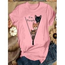 Women Cute Cartoon Cat Letter Print O  Neck Casual Short Sleeve T  Shirts